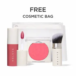 HALEYS Beauty Glow-on-the-Go Set - Fast Effortless Color System for Lips & Cheeks with Re-dew Glossy Lip Stain, Re-pop Smoothing Blush Powder & Re-tractable Face Blush - Includes Free Cosmetic Bag
