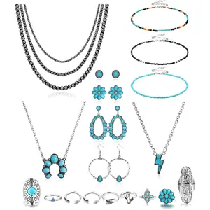 LOLIAS Turquoise Jewelry for Women Bohemian Western Jewelry Set Navajo Pearl Necklace Beaded Choker Necklace Turquoise Earrings Bracelet Vintage Knuckle Rings Boho Western Jewelry for Women