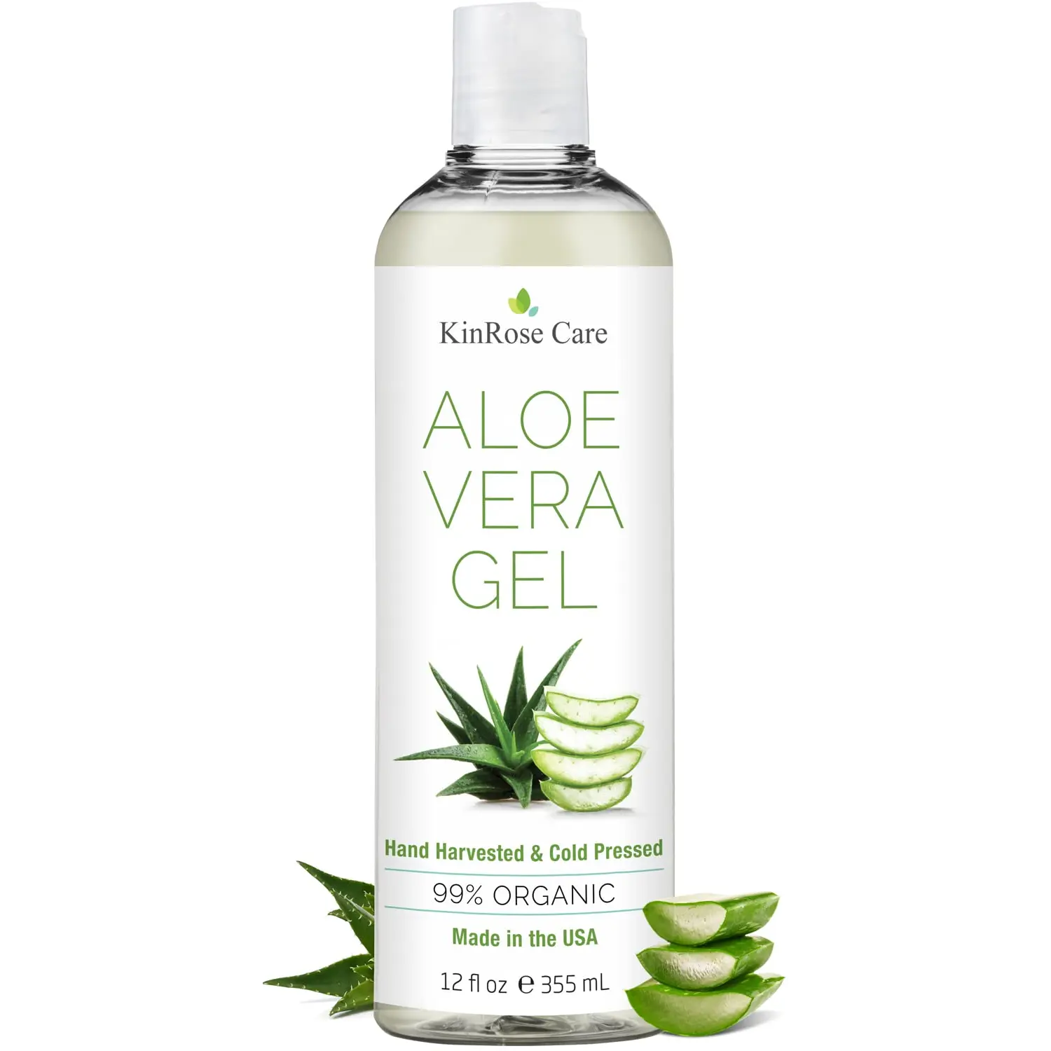 KinRose Care, 12oz Organic Aloe Vera Gel for Face, Skin, Hair & Sunburn Relief - From 100 Percent Pure Aloe Vera - Cold Pressed, Vegan, Unscented - Made in USA.