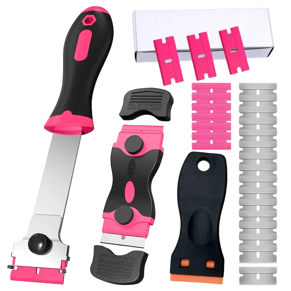 3 Pack Razor Blade Scraper Set, Includes 100 Plastic & 20 Metal Blades, Multi-Purpose Tool for Glass, Cooktop, Sticker Removal, Paint & Gum Cleaning (Pink)
