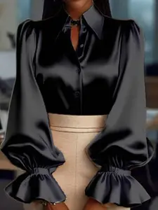 Elegant Plus Size Women's Satin Charmeuse Bubble Lantern Sleeve Shirt Blouse, Casual & Office Wear, All-Season Style, Daily Fashion