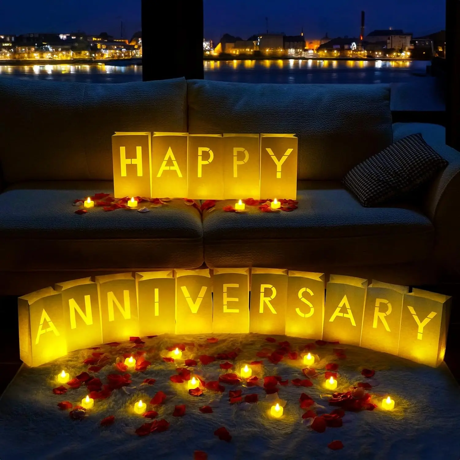 Happy Anniversary Decoration Light Up Letters with Flameless Candles and  Rose Petals, Valentine's Day Luminary Bags Happy Anniversary Sign Romantic Party Decor for Wedding