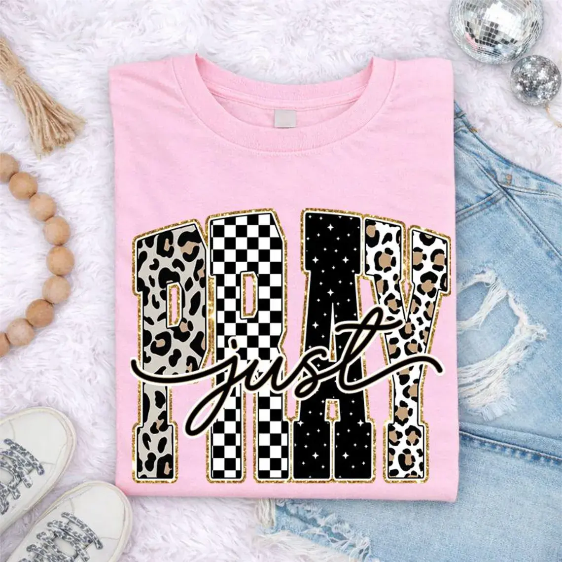 PRAY Varsity Leopard Checkered Retro Christian Design