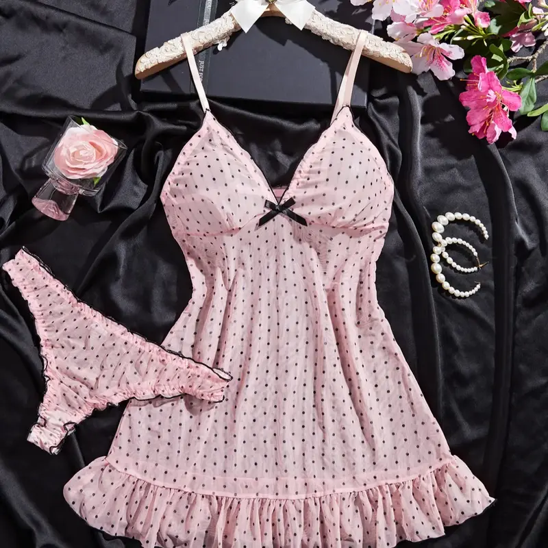 Women's Polka Dot Sheer Mesh Sleepwear Set, Elegant Ruffle Hem Bow Front Nightgown and Panty, Comfortable Breathable All-Season Pajamas, Loungewear, Aesthetic