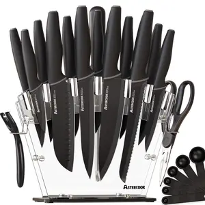 Astercook 22-Piece Knife Set with Block, German Steel, Chef & Steak Knives, Scissors, Sharpener & Peeler – Dishwasher Safe. Kitchen Kitchenware Kitchen Blade Stainless Traditional Wooden