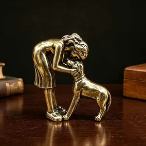 Solid Brass Girl and Dog Hug Statue, Vintage Craft Desk Ornament, Home Office Decor, Pet Theme Gift, Animal Lover Collection