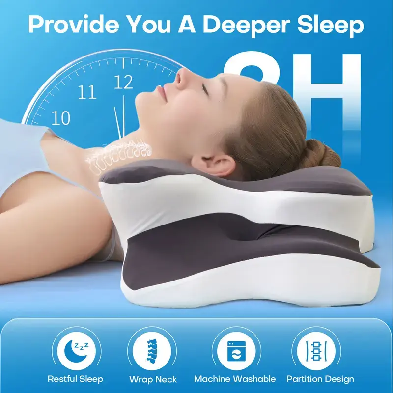 Orthopedic Memory Foam Double-Sided Curved Neck Pillow - Unscented, Supportive, Cooling Pillowcase, Partitioned Design, Extra-Large Armrests, for Deep Sleepers | Valentine's Day Recommended Gift