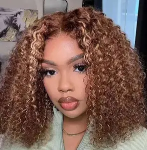 Glueless Wigs Human Hair Pre Plucked Pre Cut 4/27 Highlight Ombre Honey Blonde Curly Bob Wig Human Hair for Beginners 13x4 Deep Wave Lace Closure Glueless Wigs Human Hair 16 Inch