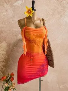 2026 Summer New Gradient Halter Bodycon Dress, Womenswear, Mesh Floral Print, Asymmetrical Hem, Slim Fit, Perfect for Beach Party