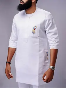 Traditional Muslim African Style Men's Wedding Suit Set, Round Neck Long Sleeve Top and Pants, 2 Piece Set, Formal Wear, Modesty
