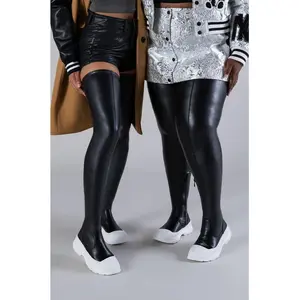 AZALEA WANG OH MY LOVE FAUX LEATHER THIGH HIGH FLATFORM SNEAKER BOOT WITH 4 WAY STRETCH IN BLACK