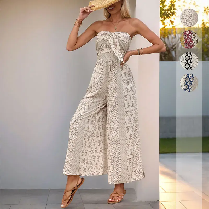 Women's Boho Print Strapless Jumpsuit Knot Front Wide Leg Pants Romper Geometric Printed Strapless Sleeveless Bowknot Wide Leg Split Jumpsuits Summer Beach Holiday Outfits One Piece Set Romper