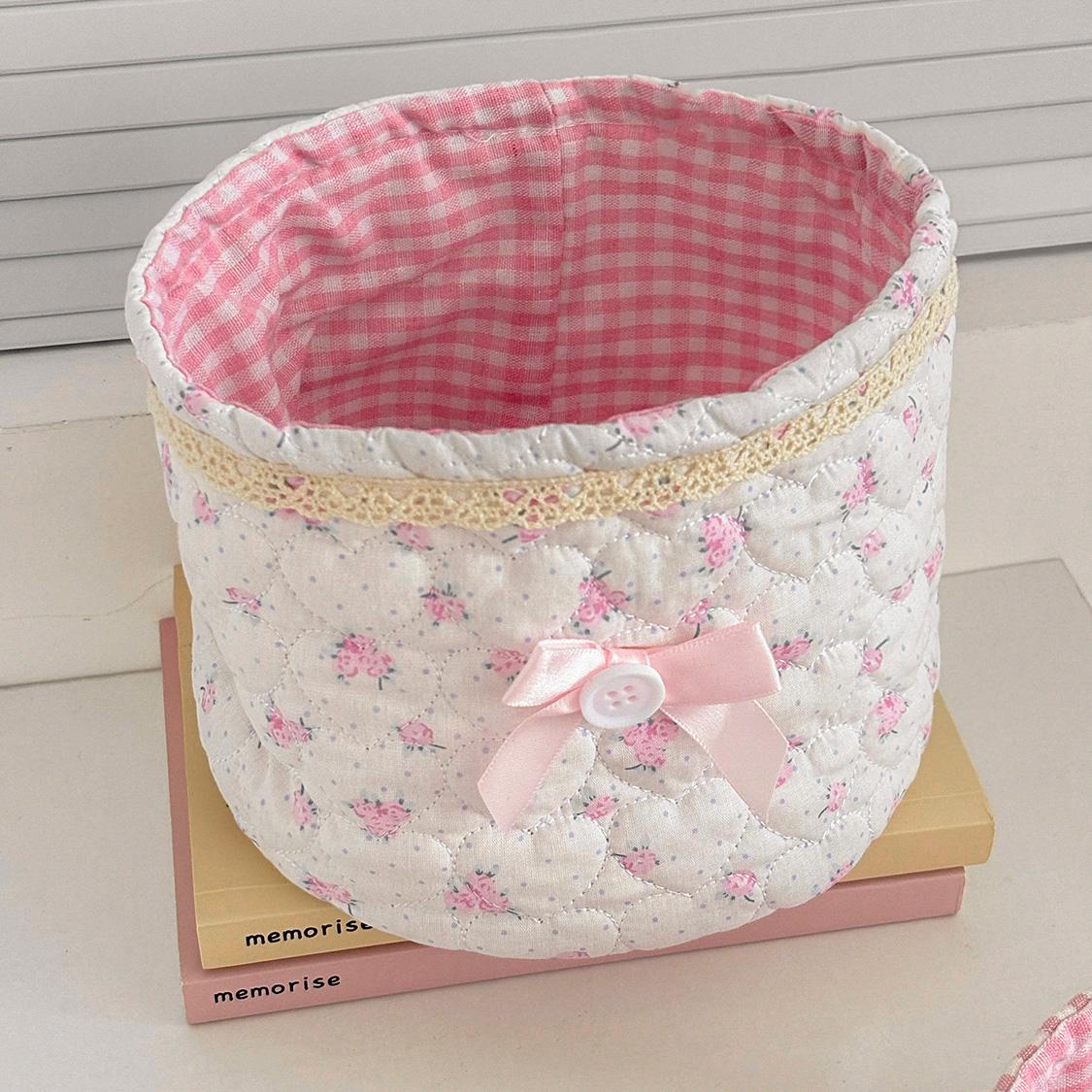 Round storage basket with bow heart patchwork design, plaid lining fabric storage basket, girly desktop organizer