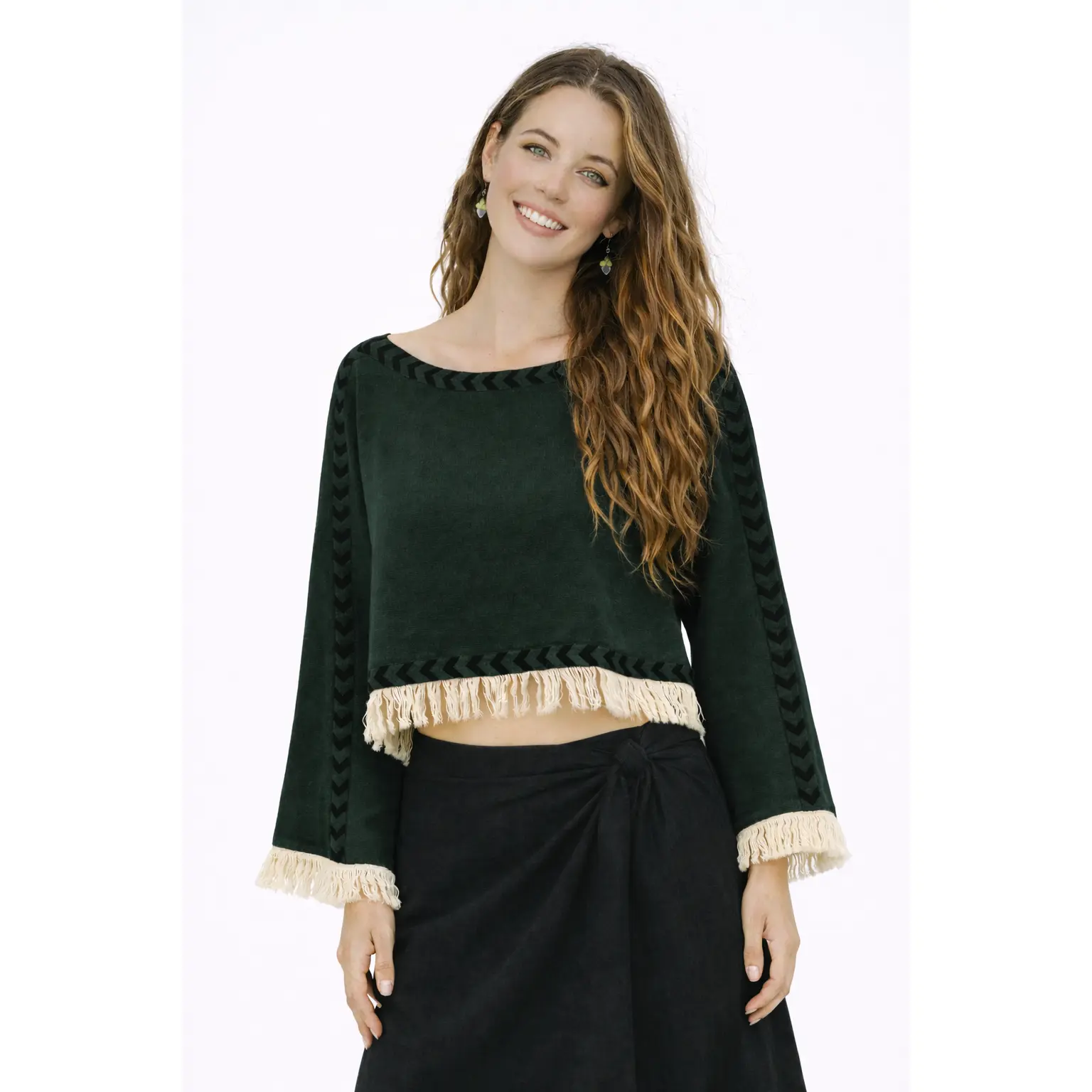 Bohemian Spirit Long Sleeve Crop Top with Fringe in Forest Green - Soft Organic Cotton, Breathable & Flattering Fit for Everyday Wear