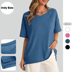 Imily Bela Womens Oversized T Shirts Short Sleeve Summer Casual V Neck Tunic Tops Loose Fit Side Split Basic Tee Tops