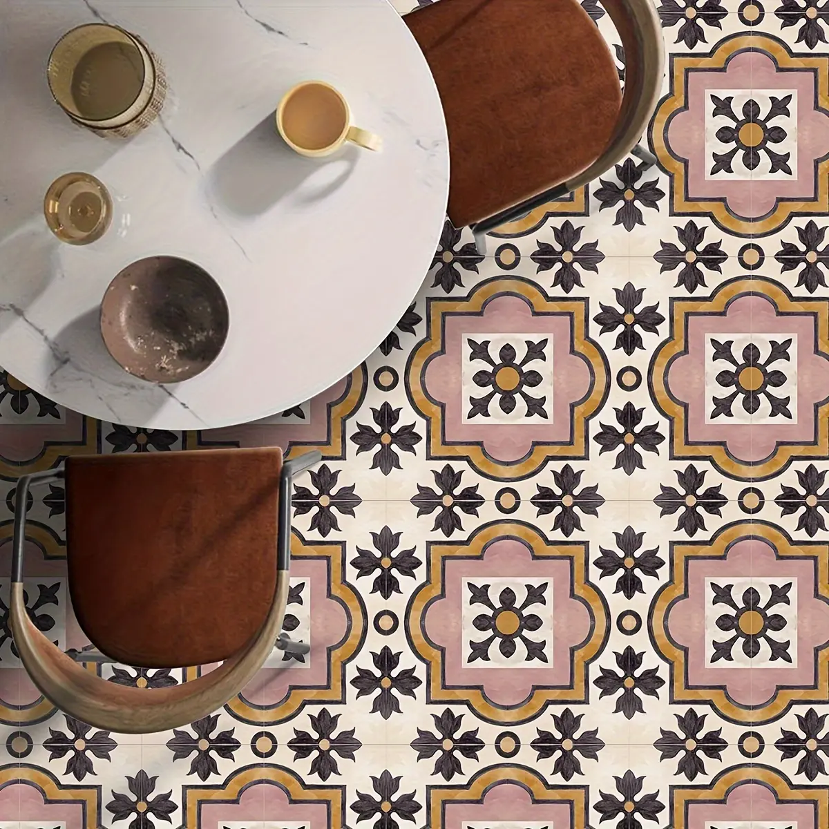 10pcs Moroccan Pink Boho Floor Tiles Stickers PVC Waterproof Peel and Stick Kitchen Bathroom Balcony Rental Refresh Kitchen Bathroom Decoration Home Decor Decorative Floor Sticker