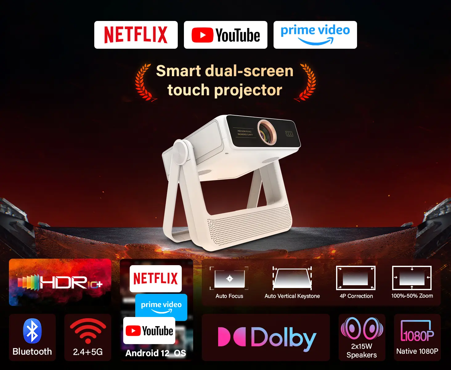 Native 1080P Smart Projector with Android 12, WiFi 6, Touchscreen, Auto Focus, Keystone Correction, 4K Supported Portable Home Theater Projector for Movies & Gaming