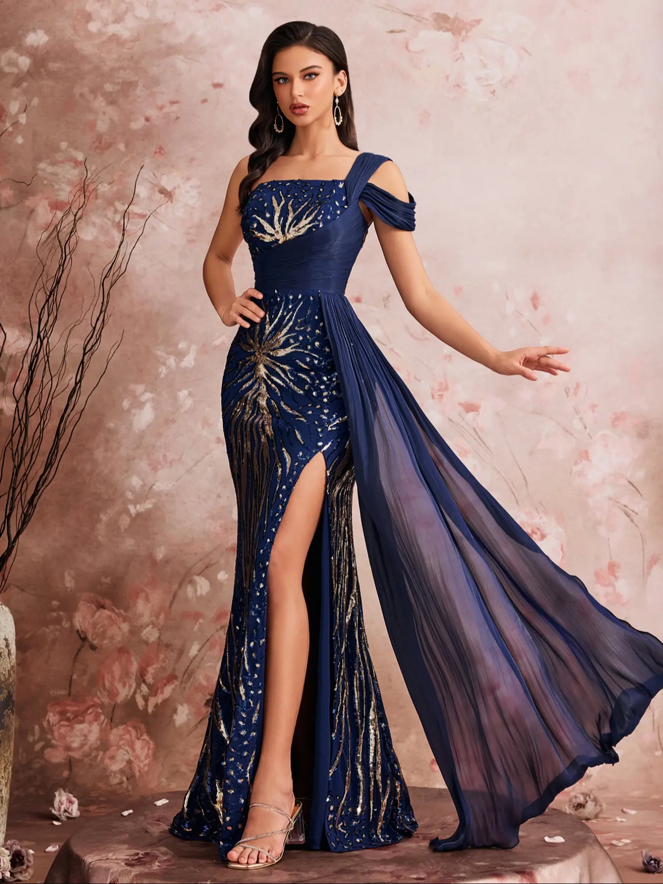Elegant Long Sleeveless Woven Formal Wear Evening Gown, Asymmetrical Shoulder Design, Sequins & Lace Detailing, Perfect for Parties & Night Out, Strap