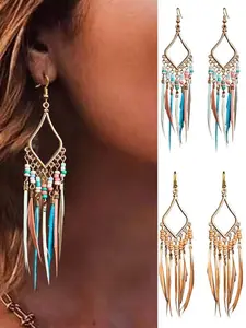 Boho Style Dangle Earrings, Feather Tassel Decor Beaded Earrings, Fashion Jewelry for Women, Birthday Party Gifts