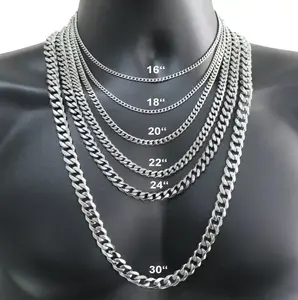 Stainless Steel Cuban Curb Link Chain Necklace for Men - Available in 3/5/7/9/11mm Widths, 18inch to 30inch Lengths