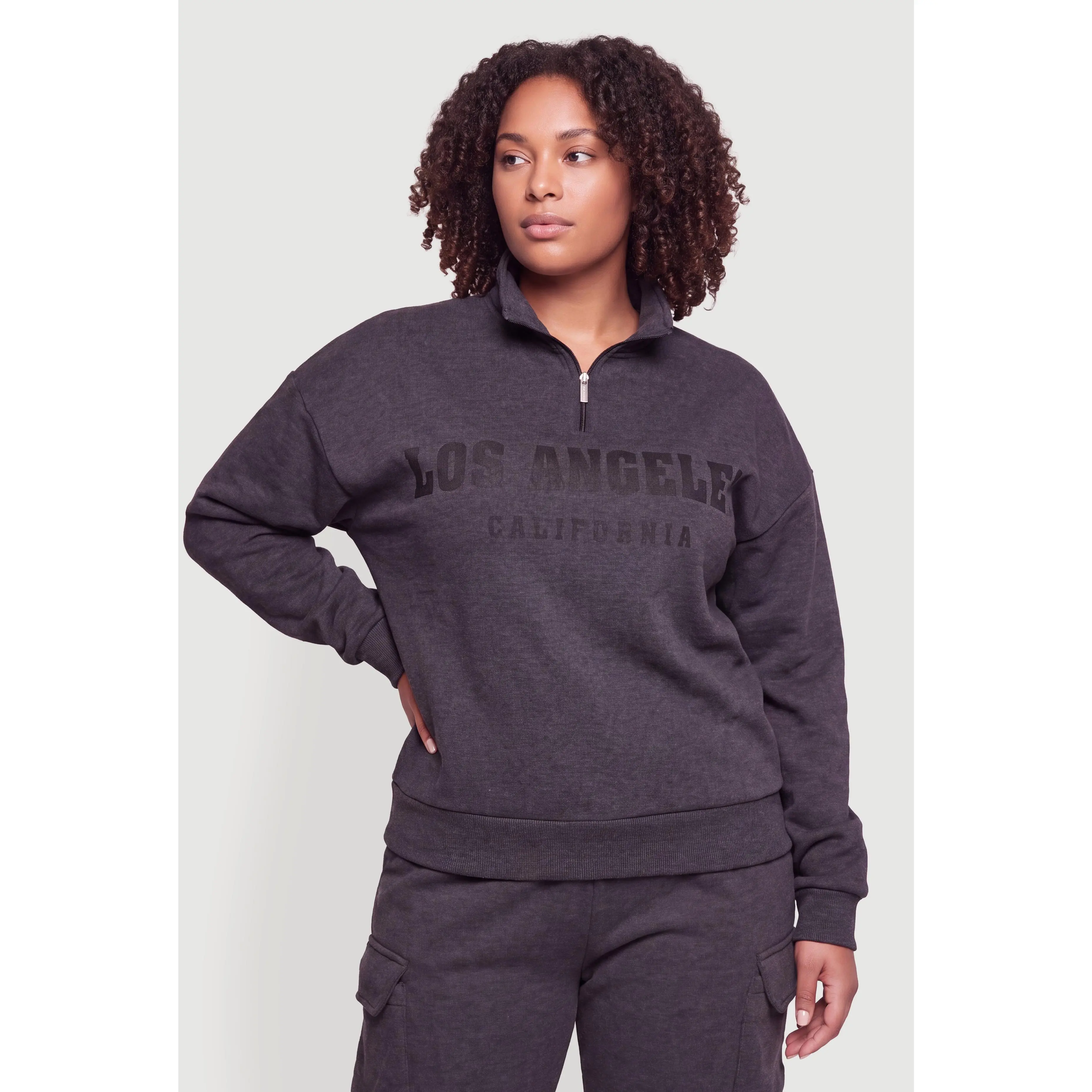 Plus Size Zip Front Mock Neck  Los Angeles Graphic Pullover Sweatshirt