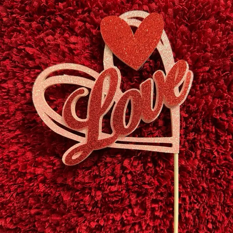 Valentines Day Cake Topper Love! with Heart Design, Gold Accents, Gold Centerpiece, and Heart Detail