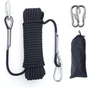 12mm Climbing Rope 32FT 64FT Static Rock Rope Outdoor Tree Rappelling Rope Nylon Rope with 2 Steel Hooks for Climbing Hiking Camping Carabiner Buckle Heavy Duty Carabiner