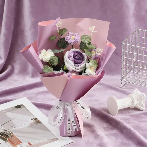 Handmade Crocheted Yarn Bouquet Flowers - Meticulous Pink Wrapped Artificial Knitted Rose Ornaments, Decorative Long-Lasting Home Supplies, Ideal Gift for Women, Secure Packaging, Timely Ship, Delivery Support, Customer Service