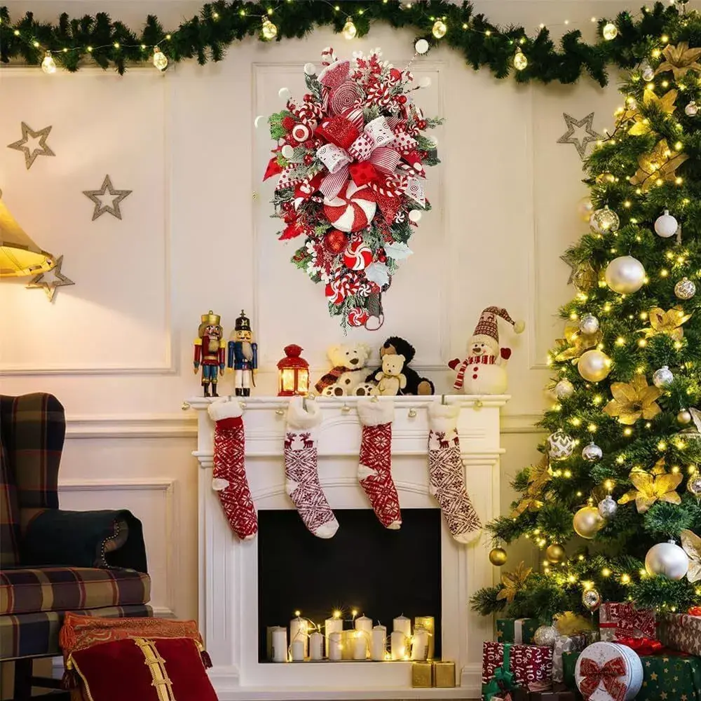 ColourTree Christmas Candy Upside Down Wreath Garland with Peppermint Swirls & Festive Candy Canes for Front Door Ornaments Wall Home Decor - Decoration