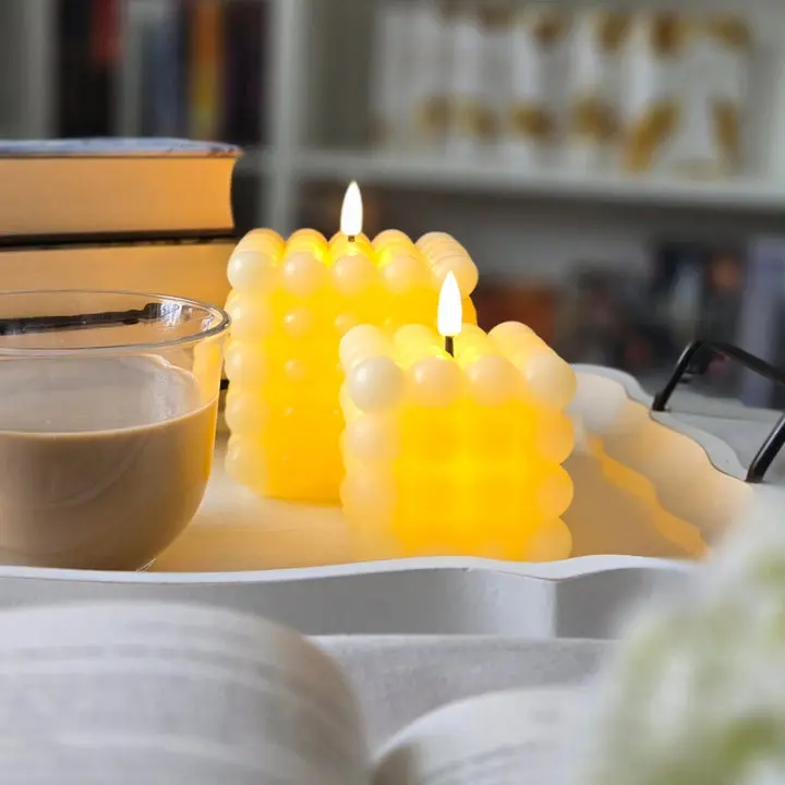 Decorative Flameless LED Cube Bubble Candles - 2-Piece Set, Paraffin Wax Shell, Remote-Controlled, Dimmable, Battery-Powered, Lifelike LED Glow, Home & Wedding Decor