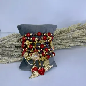 Elegant Red Beaded Bracelet with Gold Angel Wings and Heart Charms for Women's Fashion Accessories