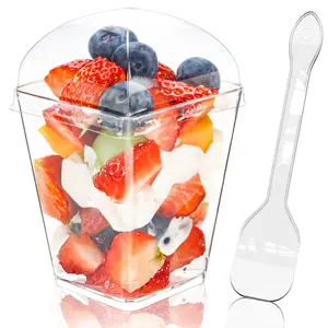 20/50 Pack 5oz Square Transparent BPA Free Plastic Dessert Cups with Lids and Spoons, Mini Cake Cups for Yogurt, Jelly, Snacks, Mousse Cakes, Plastic Disposable Cups, Plastic Clear Cups