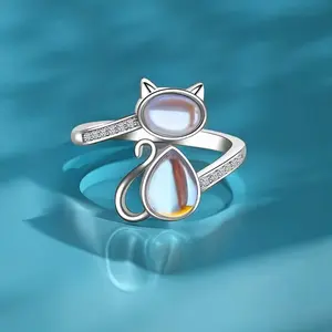 Sterling Silver Synthetic Moonstone Cat Ring with Adjustable Open Design, Elegant Fashion Jewery for Women, Gift Giving Friends, Girls with Gift Box, Perfect for Daily Wear and Birthday Party