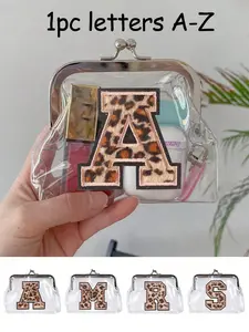 Name Initials A-Z Leopard Embroidered Compact Makeup Bag, Transparent Travel Storage Pouch, Portable Mini Bag, Lipstick Cosmetic Organizer, Travel Essentials