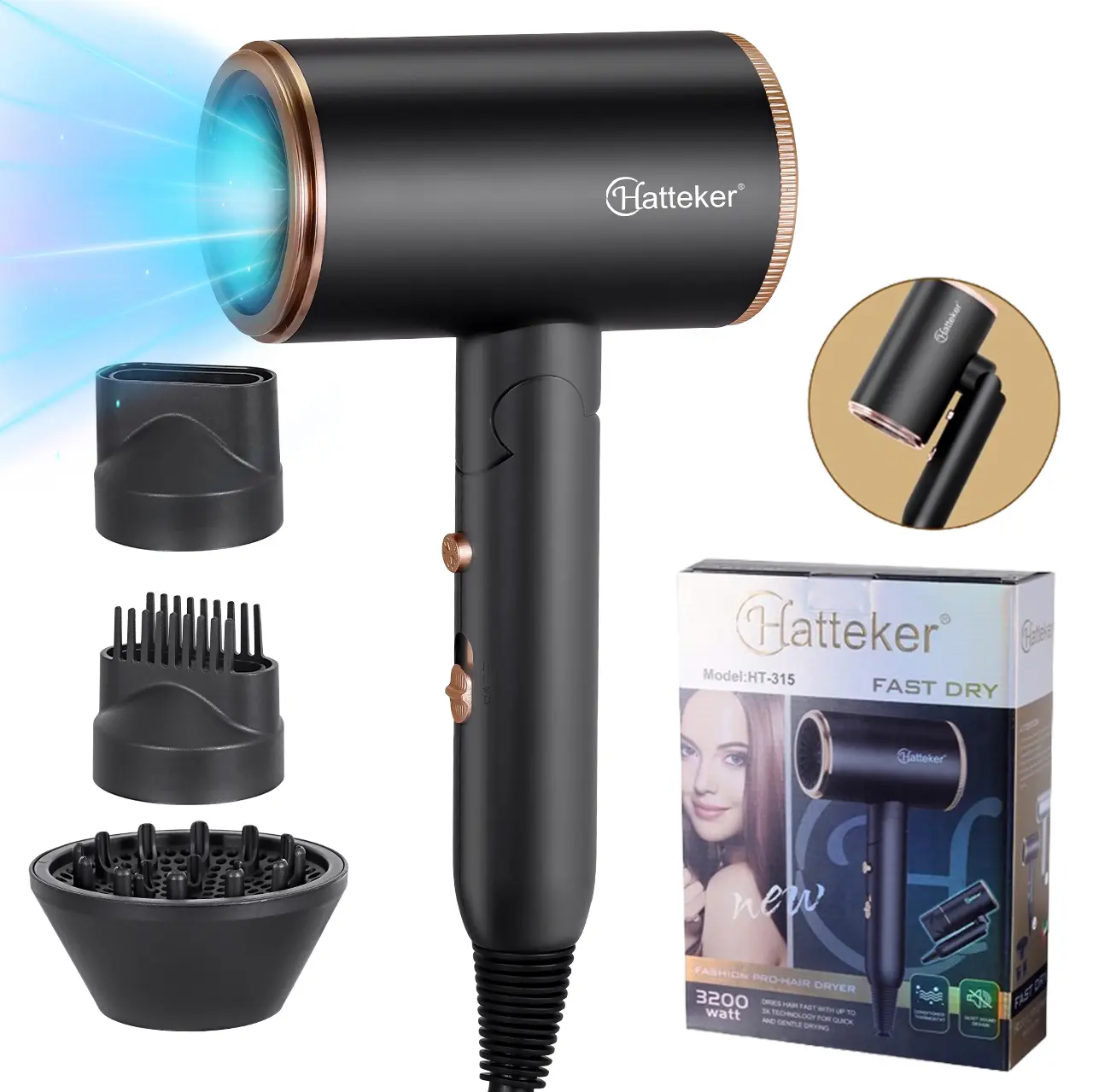 Hatteker Ionizer Hair Dryer for Friends & Family, Portable Collapsible, 3 Speed-Temperature Control, Hot & Cold Air, Shine Enhancing, Healthy Look, 3 Nozzles, Ideal for Blowout, Straight Hair Styling, Home & Salons, Blowout Hair