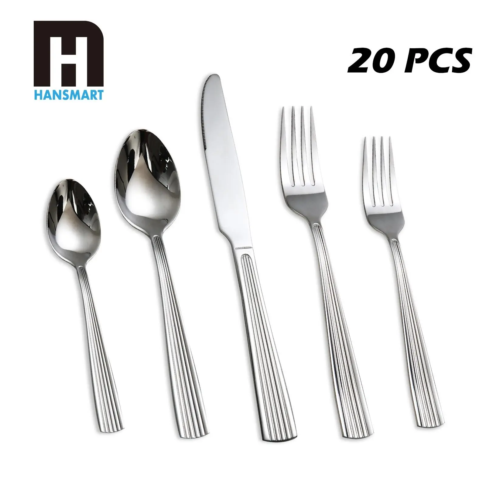 20 Pcs Stainless Steel Flatware Set, Ribbed Handle Silverware Cutlery Set for 4 People, Dishwasher Safe Kitchen Utensils, Easy to Clean Cutlery for Home Kitchen, Family Gatherings & Outdoor Events