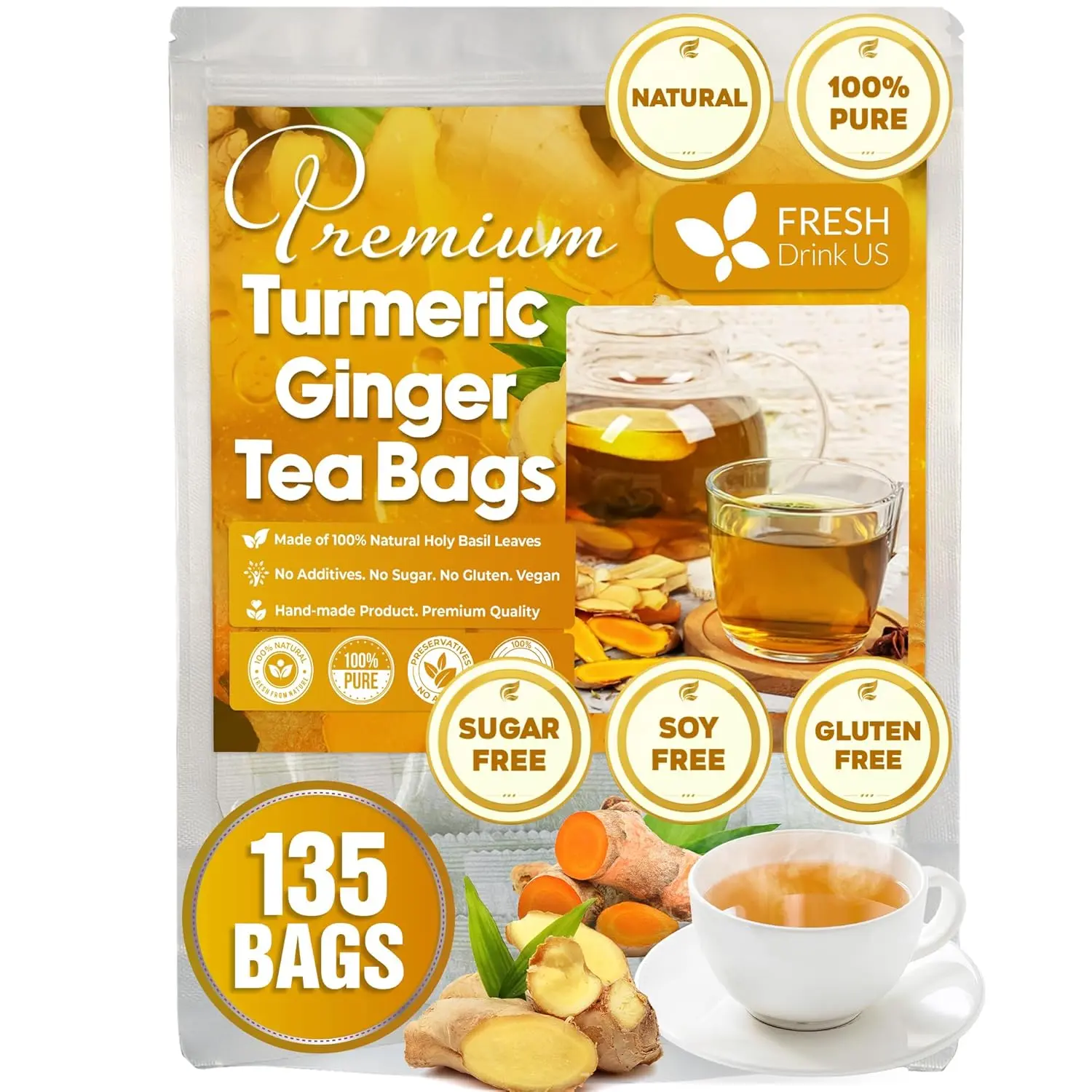 Premium 135 Turmeric Ginger Tea Bags, 100% Natural Ingredients, Hand-made Blend of Turmeric and Ginger, Eco-conscious Tea Bags. Turmeric Ginger Herbal Tea. No Sugar, No Caffeine, No Gluten, Vegan. ginger caffeine free
