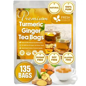 Premium 135 Turmeric Ginger Tea Bags, 100% Natural Ingredients, Hand-made Blend of Turmeric and Ginger, Eco-conscious Tea Bags. Turmeric Ginger Herbal Tea. No Sugar, No Caffeine, No Gluten, Vegan. ginger caffeine free