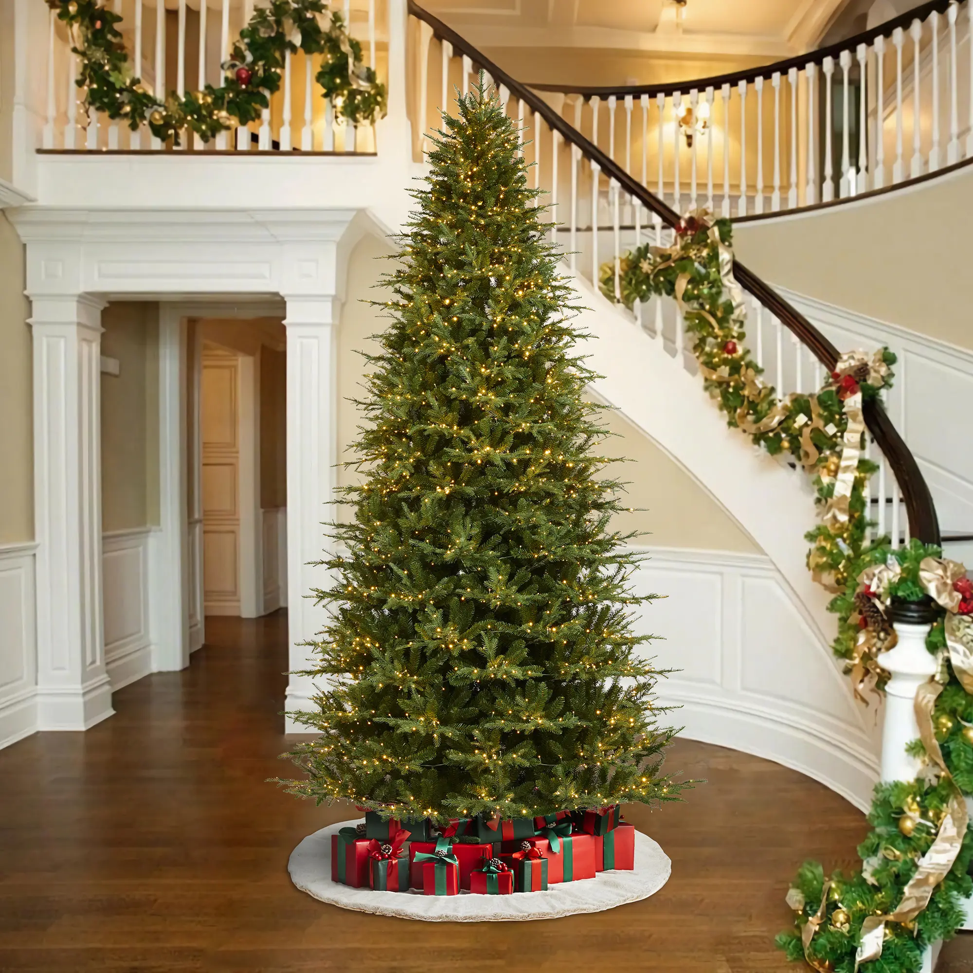 Glitzhome 6ft/7.5ft/9ft/11ft Pre-Lit Green Full Fir Artificial Christmas Tree, with Warm White & Multi-Color Flashing LED Lights, 9 Function,Remote Control & Foot Pedal