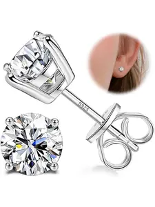 Sterling Silver Cubic Zirconia Stud Earrings Jewelry for Women Men 14k White Gold Plated Round CZ Earrings for Sensitive Ear (4MM (0.5CT), SILVER)