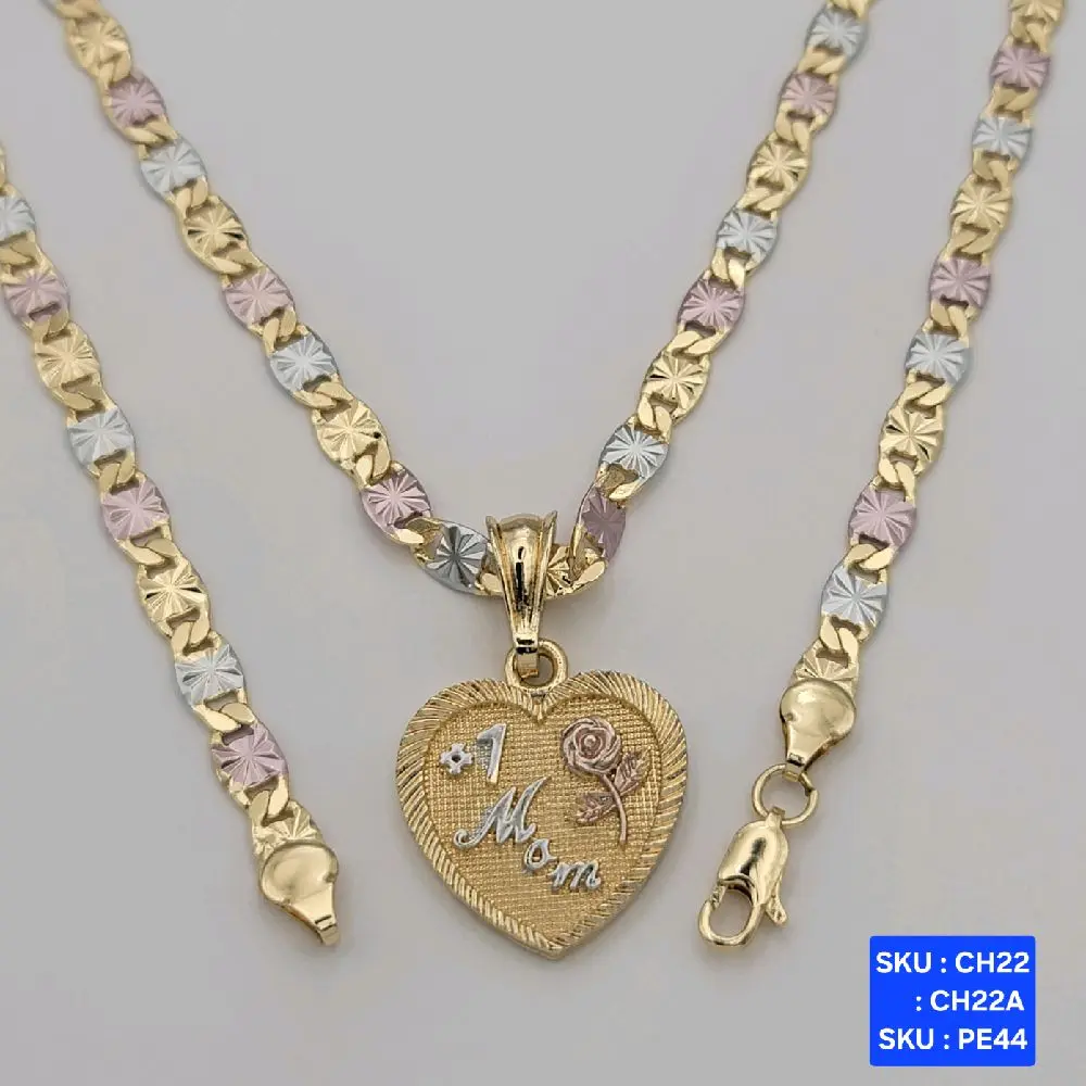 #1 Mom (#1 Mama) Necklace Gold Plated 3 colors pendant and chain, 24 & 20 inches 5mm wide.   Cadena i corazon de tres colores #1 Mom, #1 MAMA. SKU : CH22, CH22A, SKU : PE44