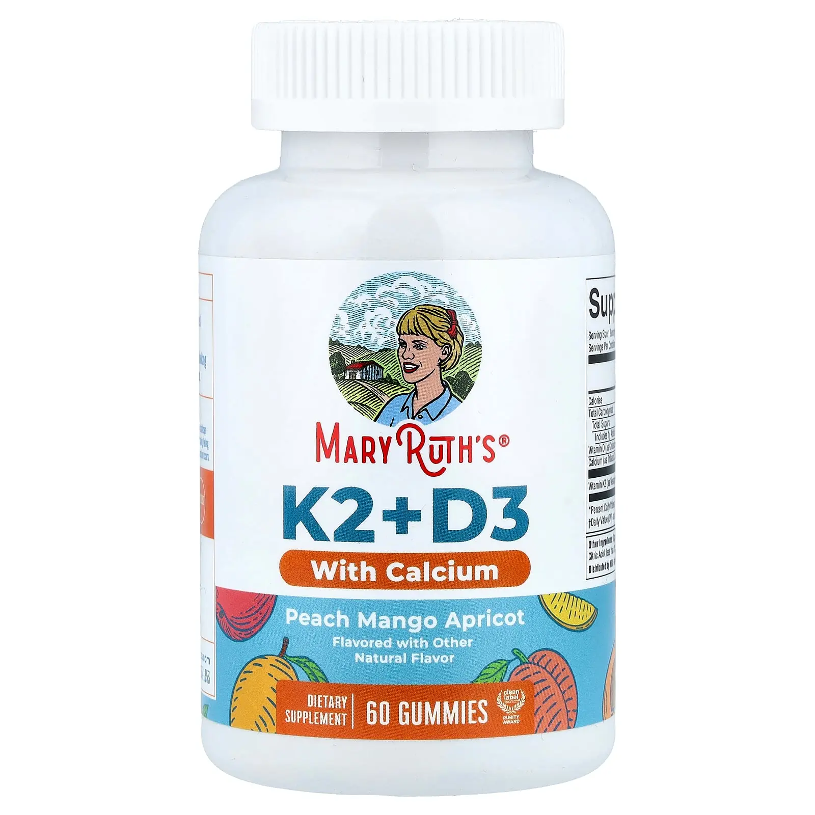 MaryRuth's Vitamin K2 + D3 With Calcium Gummies, Peach Mango Apricot, 60 Gummies