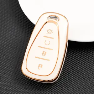 For Chevrolet Key Protective Case White Four-Button Key Cover Stylish Gold Trim Design Key Fob Protector Key Fob Shell Car Key Protection Compatible with New Cruze / Trax / Equinox / Malibu XL 2017 Model TPU Material Business Accessories