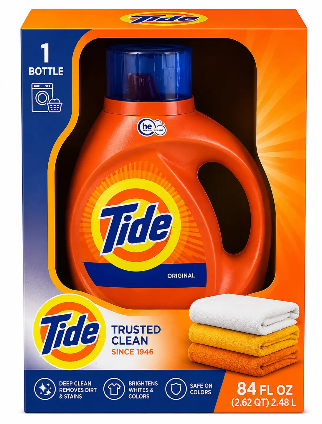 Tide Original Liquid Laundry Detergent, 84 fl oz (2.48 L), HE Compatible, Deep Clean, Removes Dirt & Stains, Brightens Whites & Colors