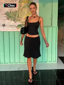 Women's Two-piece Basic Solid Color Sleeveless Cami Top & Bodycon Midi Skirt Set, Plain Backless Adjustable Strap Camisole Crop Tank Tops Skirts Outfit, Elegant Party Club Date Holiday Outfits, Ladies All Seasons Daily Casual Suits Sets Summer Clothes