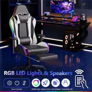 【dealsforyoudays】Mr IRONSTONE Gaming Chair with Speakers and Led Lights Ergonomic Massage Computer Office Chair with Broaden Cusion and Footrest High Back Video Game Chair for Adults Kids Boyfriend Gift, Blue Black and Pink