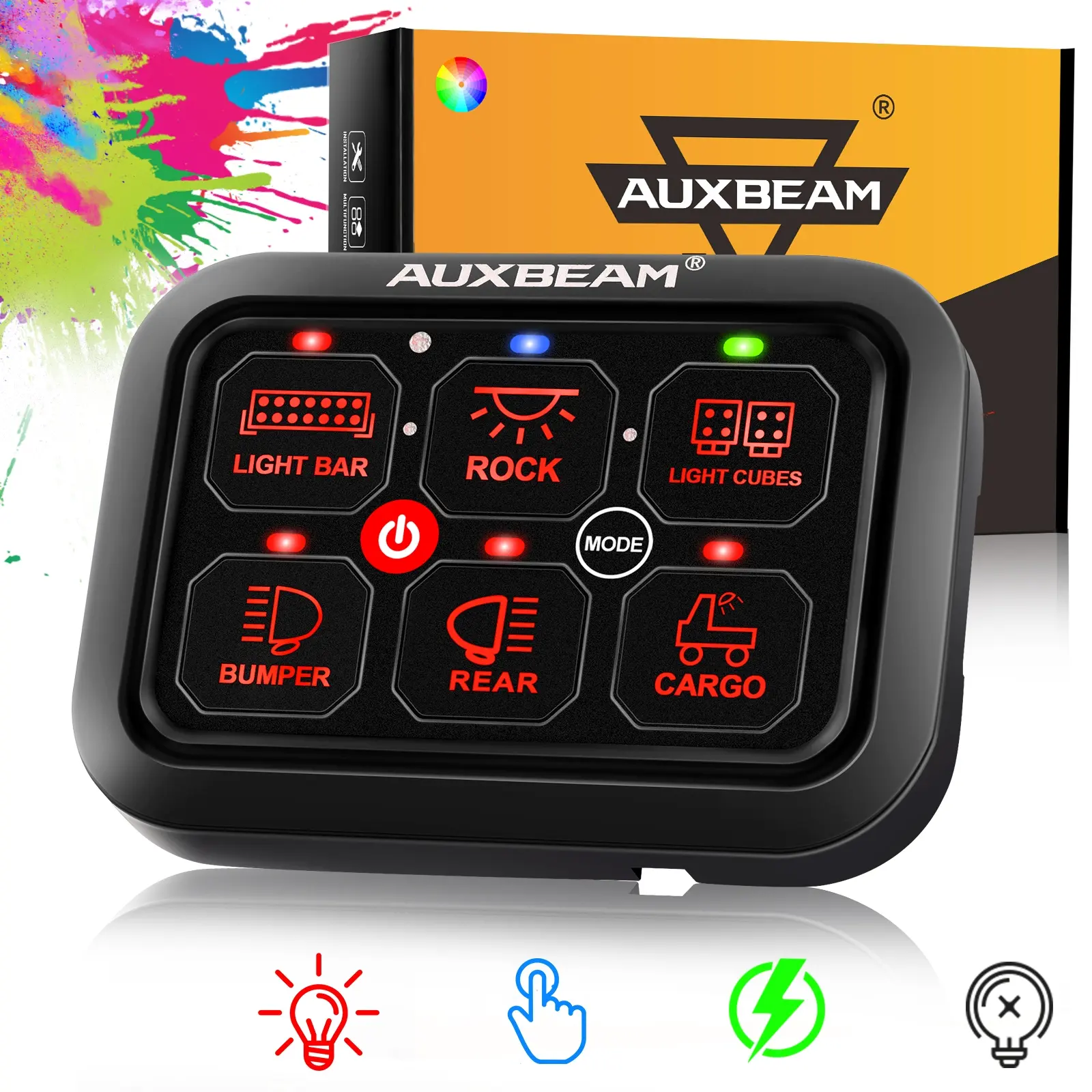 AUXBEAM RA60 RGB Backlight Gang Switch Panel - 12V 20A/24V 10A, Toggle/Pulse/Momentary Modes, IP65 Rated, On-Off Control, Waterproof Cover, -40℃~105℃/-40℉~221℉ Automotive Outdoor Vehicle Accessory, Father's Day Gift