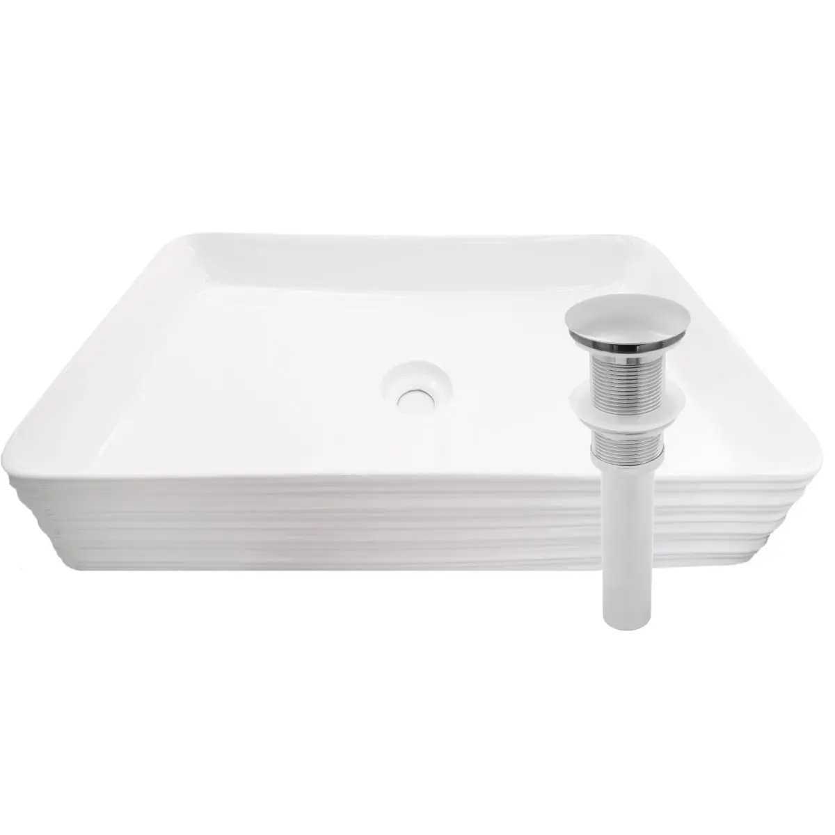 Above Counter Rectangle Bathroom Sink, 360 Stand, 26.25 x 15 x 4.75 inches, 31 lb, White Premium Gloss Porcelain with Grooved Sides, Brushed Nickel Drain, Easy Cleanup, Durable
