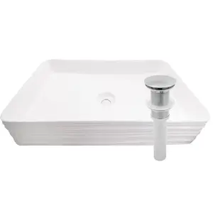 Novatto NP-208513BN Rectangular White Porcelain Grooved Exterior Bathroom Sink with Brushed Nickel Drain