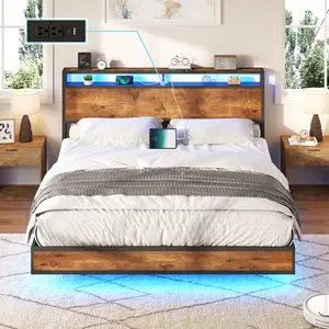 AMERLIFE Floating Bed Frame with 2-Tier Storage Headboard, Metal Bed Frame with Charging Station & LED Lights, No Box Spring Needed